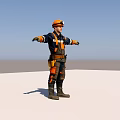 Man In Black And Orange Miner Uniform With Hard Hat Arms Outstretched Against Blue Sky