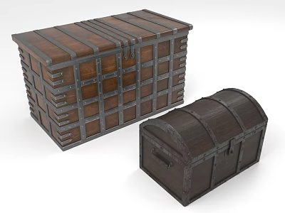 Wooden Storage Chests In Two Sizes With Metal Accents And Striped Design 3d model