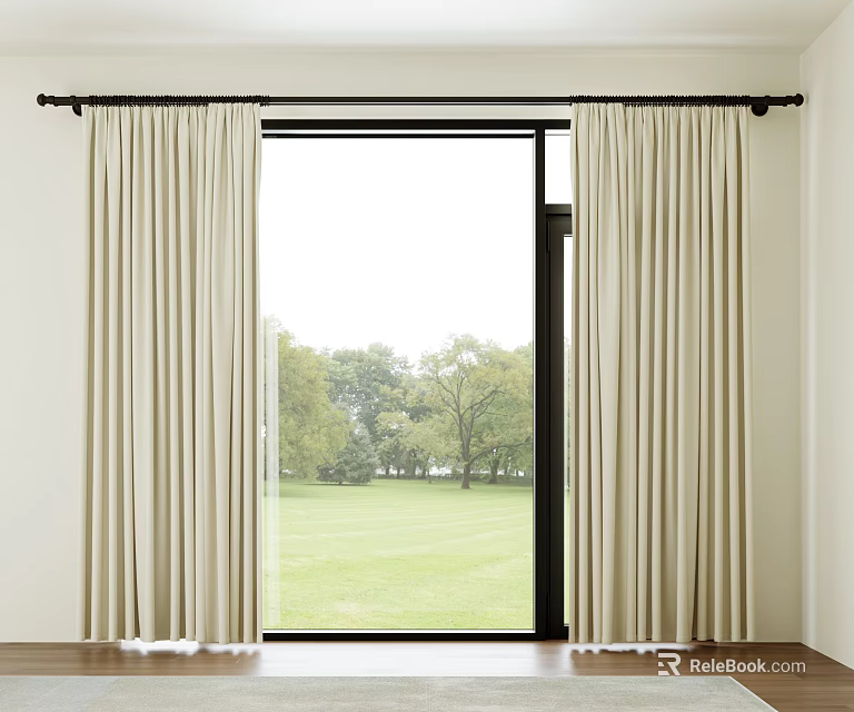 Beige Curtains Hanging On Black Rod With Green Grass And Trees View Outside Window 3d model 