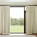 Beige Curtains Hanging On Black Rod With Green Grass And Trees View Outside Window