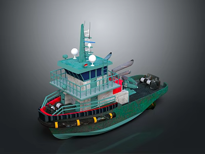 Green Tugboat With Cabin Deck Yellow Fenders And Marine Equipment For Water Transport 3d model