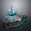 Green Tugboat With Cabin Deck Yellow Fenders And Marine Equipment For Water Transport
