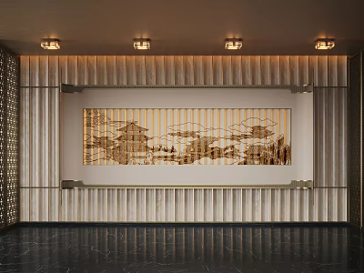 Hotel Lobby Modern Vertical Striped Backdrop Traditional Architecture Landscape Panel Recessed Lighting Dark Marble Floor 3d model