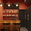 Red Brick Cafe Storefront Featuring Glass Windows Signboard Tables Chairs Inside At Night Plaza Streetlights