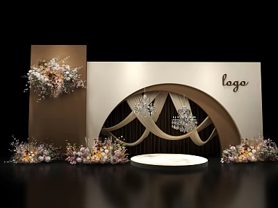 Stunning Photo Check In Spot With Floral Decor Arch Design Logo Chandeliers And Round Platform 3d model