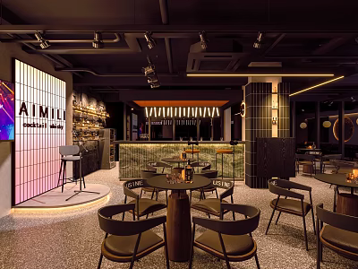 Modern Bar Interior Design With Stylish Counter Tables And Ambient Lighting 3d model