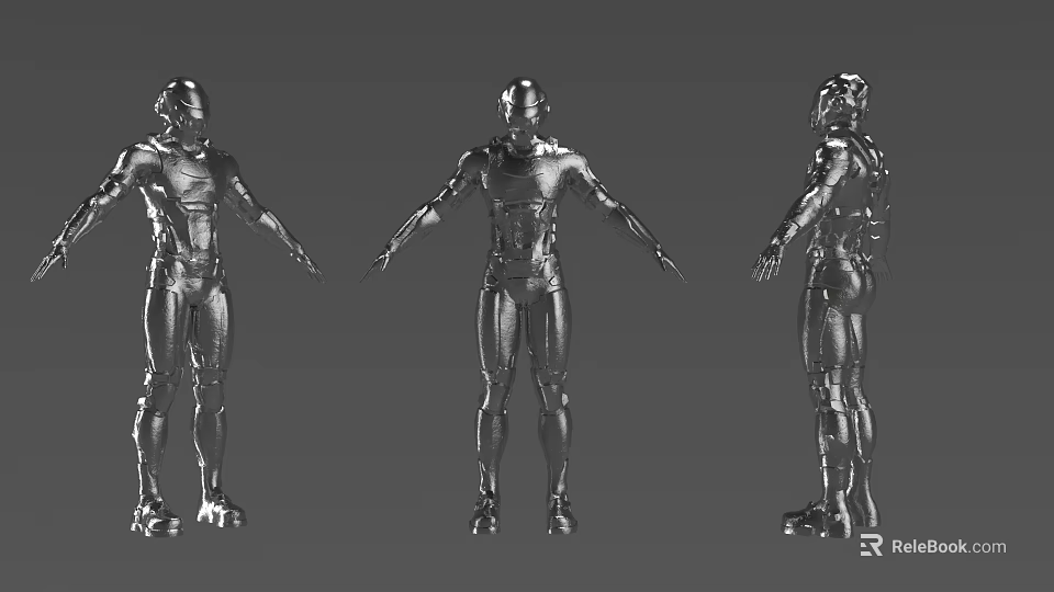 Intelligent Humanoid Machine 3D Model Displayed In Three Different Angles With Metallic Body 3d model 