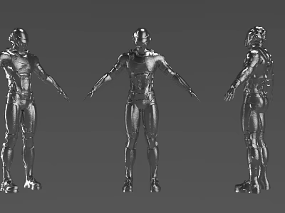Intelligent Humanoid Machine 3D Model Displayed In Three Different Angles With Metallic Body 3d model