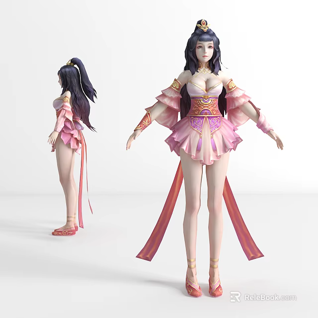 Game Movie Female Character In Pink Traditional Outfit With Long Hair And Flowing Ribbons 3d model 