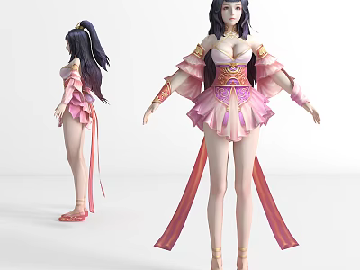 Game Movie Female Character In Pink Traditional Outfit With Long Hair And Flowing Ribbons 3d model