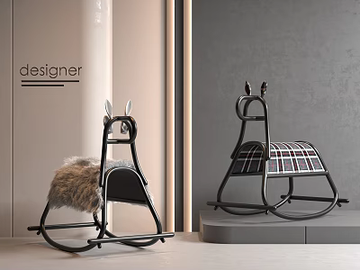 Designer Modern Kids Rocking Chair With Animal Ears Black Metal Frame Fur And Plaid Cushion 3d model