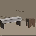 Modern Wooden Stool And Padded Bench With Light Seat Dark Legs Beige Background