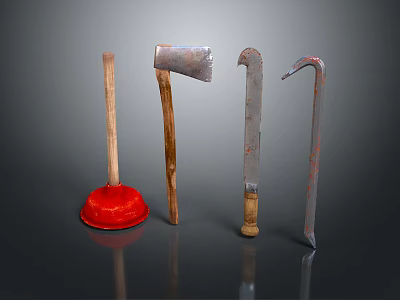 Traditional Hardware Tools With Wooden Handles And Metal Heads Including Axe Chisel Plunger Hook 3d model