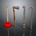 Traditional Hardware Tools With Wooden Handles And Metal Heads Including Axe Chisel Plunger Hook