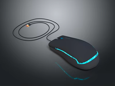 Black Wired Computer Mouse With Blue LED Light Strip And Sleek Design 3d model