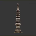 Ancient Multi Tiered Pagoda Landscape Featuring Reddish Brown Structure and Reflection 3d model