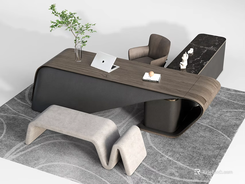 Modern Wooden Office Desk With Laptop Green Plant Vase Chair And Bench On Gray Rug 3d model 