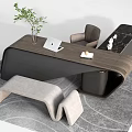 Modern Wooden Office Desk With Laptop Green Plant Vase Chair And Bench On Gray Rug