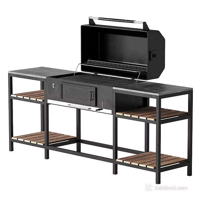 Black Outdoor Grill With Metal Frame And Wooden Shelves For Kitchen Use 3d model 
