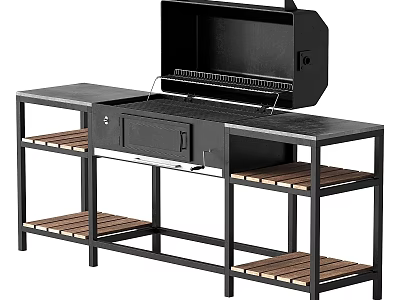 Black Outdoor Grill With Metal Frame And Wooden Shelves For Kitchen Use 3d model