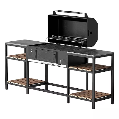 Black Outdoor Grill With Metal Frame And Wooden Shelves For Kitchen Use 3d model