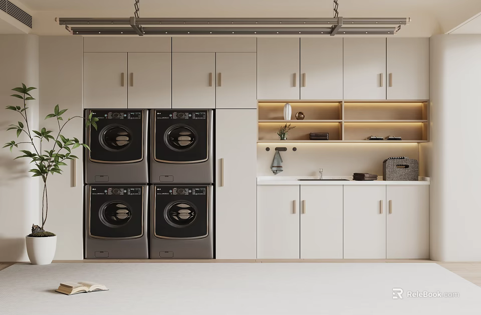 Modern Laundry Room With Four Washing Machines White Cabinets And Shelves 3d model 