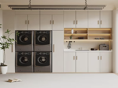 Modern Laundry Room With Four Washing Machines White Cabinets And Shelves 3d model