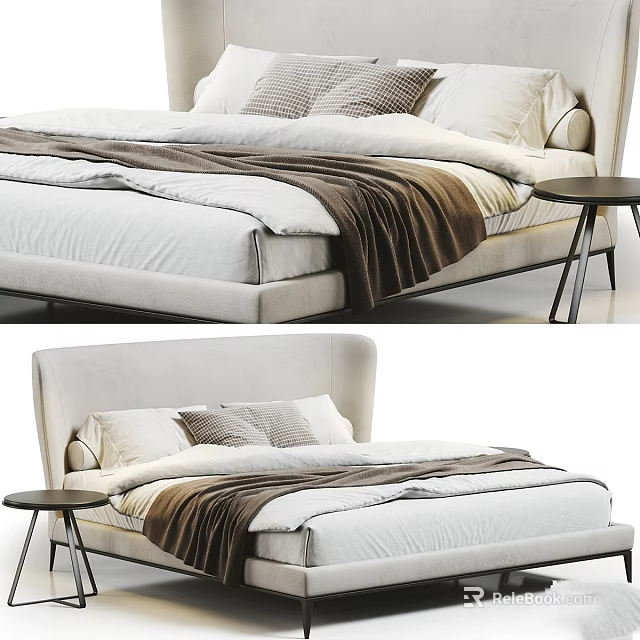 Modern Bed With Light Colored Headboard White Sheets Brown Blanket And Small Round Side Table 3d model 