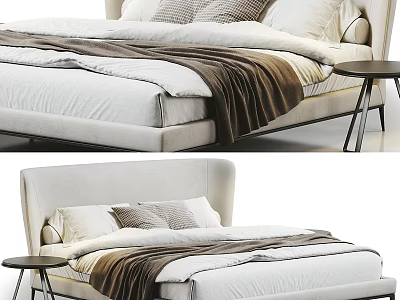 Modern Bed With Light Colored Headboard White Sheets Brown Blanket And Small Round Side Table 3d model