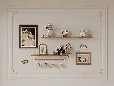 Decorated Wall with Framed Pictures Flower Vases Shelves Clock Small Ornaments Hooks and Moldings 3d model