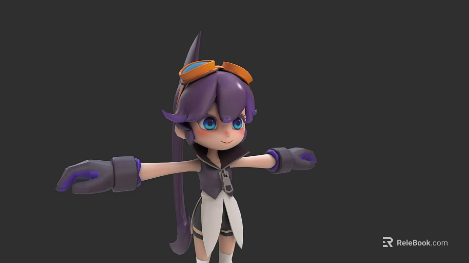 Cartoon Style 3D Woman Character With Purple Hair And Orange Goggles 3d model 