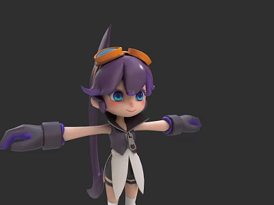 Cartoon Style 3D Woman Character With Purple Hair And Orange Goggles 3d model