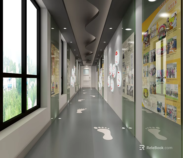 Modern Elevator Corridor With Glass Walls Footprints And Decorative Wall Displays 3d model