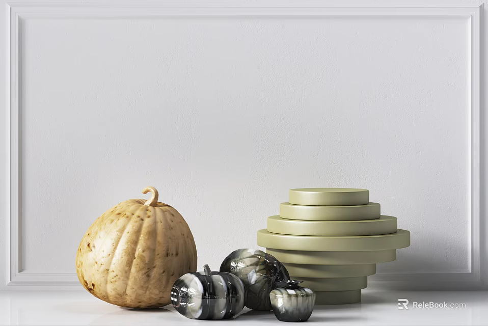 Decorative Ornament Set With Natural Pumpkin Ornament Stacked Green Plates And Silver Small Pumpkins 3d model 