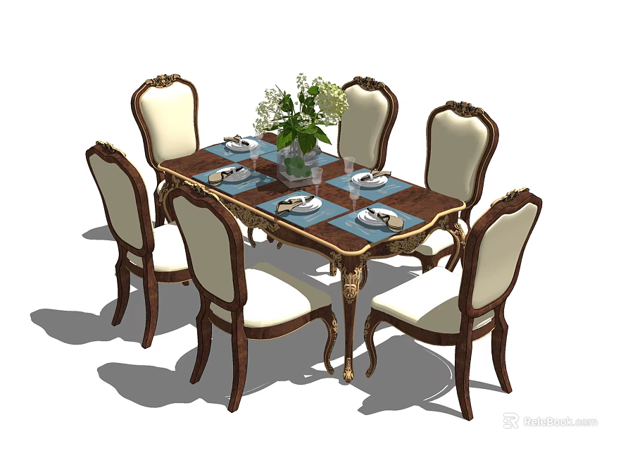 Elegant Wooden Dining Table Set With Six Upholstered Chairs Vase Flowers And Tableware 3d model 