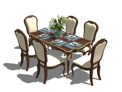 Elegant Wooden Dining Table Set With Six Upholstered Chairs Vase Flowers And Tableware 3d model