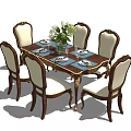 Elegant Wooden Dining Table Set With Six Upholstered Chairs Vase Flowers And Tableware