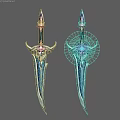Two Decorative Swords With Glowing Blades Ornate Hilts And Blue Purple Accents