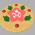 Round Decorative Ornament With Golden Base Pink Snowflake Green Leaves Red Berries