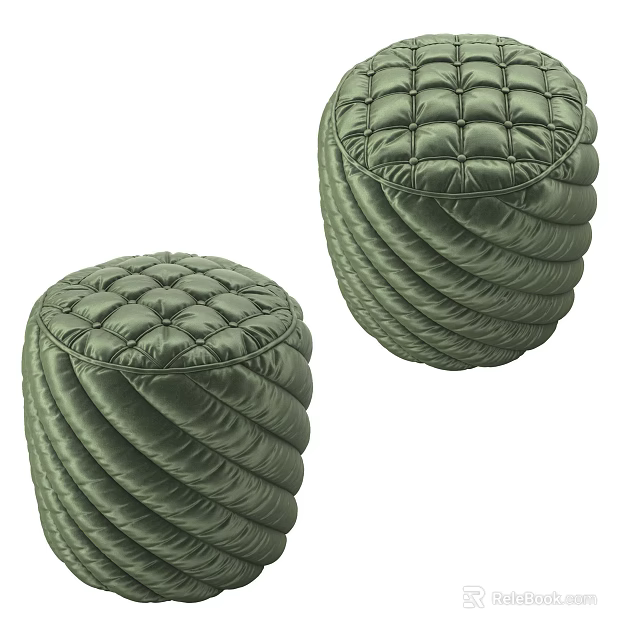 Round Green Fabric Ottoman With Quilted Surface And Ruffled Outer Layers 3d model