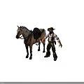 Cowboy Character Standing With Light Brown Horse White Mane And Saddle