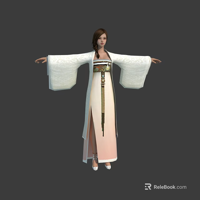 Traditional Female Character In White Robe With Long Hair And Waist Decoration 3d model 