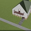 Detached House With White Exterior Green Roof Balcony Brown Railing Windows Lawn And Shrubs