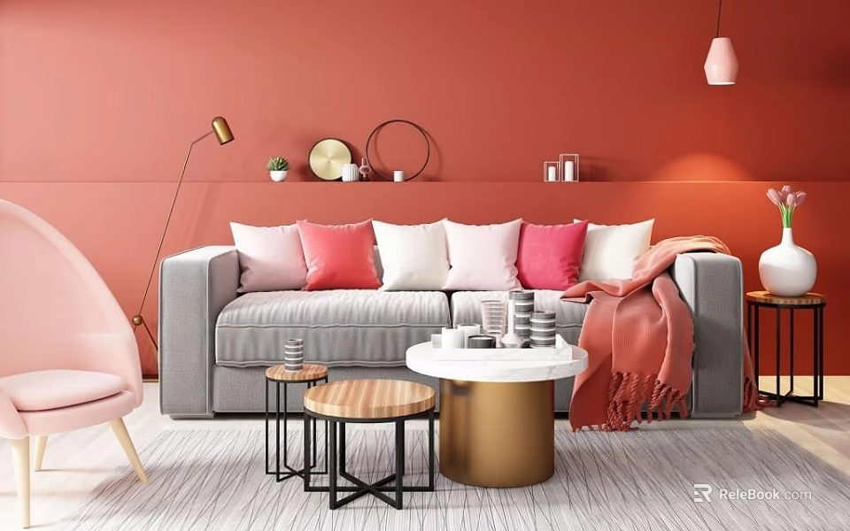 Gray Sofa And Coffee Table Set With Pink Pillows Gold Base In Red Wall Interior 3d model