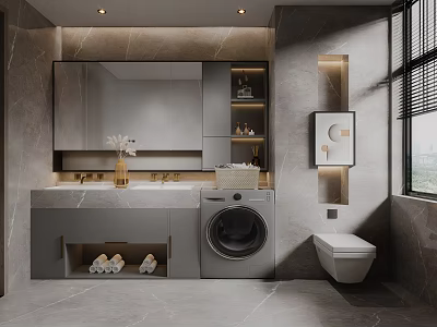 Modern Bathroom Interior With Large Mirror Vanity Countertop Washing Machine Toilet And Storage Shelves 3d model