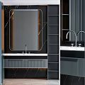 Elegant Modern Bathroom Vanity With Marble Countertop Mirror Warm Lighting And Dark Cabinets