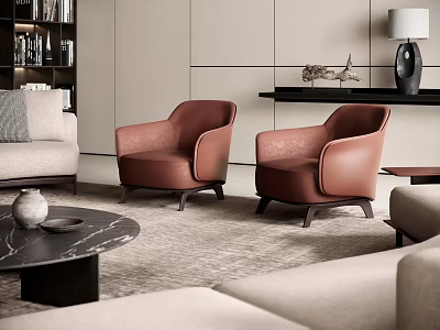 Modern Living Room With Two Taupe Single Sofas Wooden Legs And Coffee Table 3d model