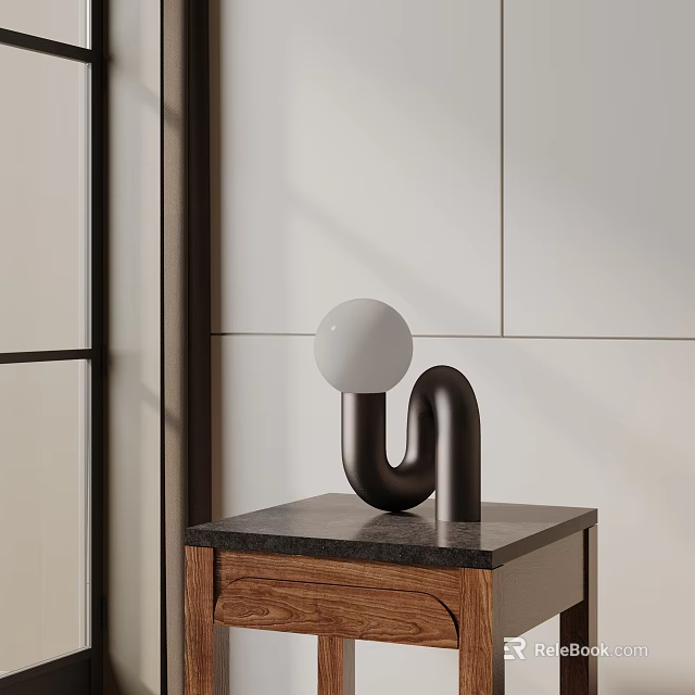 Modern Table Lamp With White Spherical Lampshade And Black U Shaped Base On Wooden Table 3d model 