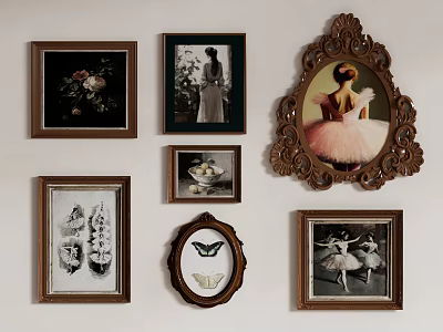 Vintage Wall Framed Art Collection With Floral Ballerina Butterfly And Wooden Frames 3d model