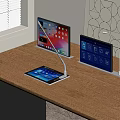 Modern Office Desk With Tablet And Dual Monitors On Stands Near Window Blinds And Decor